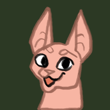 Digita>l drawing of a furless cat smiling.